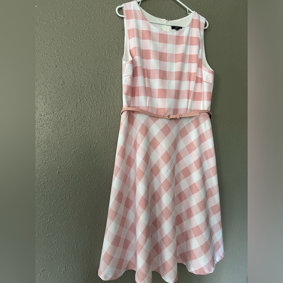 🎀 vintage Retro Pin up Gingham Pink and White Plaid Flare Sleeveless Dress 16 - Picture 6 of 13
